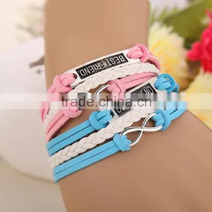 Antique Silver Best Friend Alloy Charm Multi Strand Braided Leather Cord Bracelet thumbnail-3
