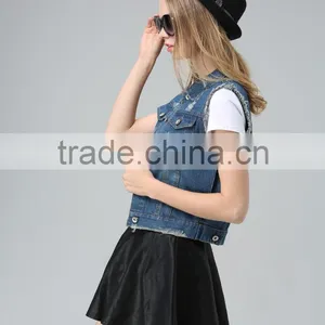 Ladies Cotton Spandex Stretch Vintage Blue Denim Vest With Studs and Rhinestones Decoration thumbnail-5