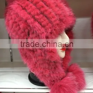 Korea Style Fashion Women Mult Color Kintted Mink Fur Hat With Pompoms thumbnail-2