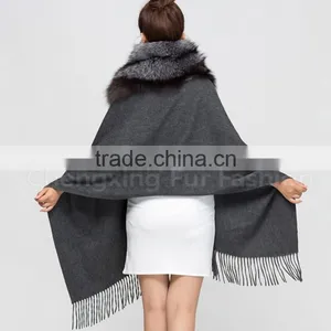 CX-B-P-53B Tassels Decoration Women's Fashion Fox Fur Trim Pashmina Shawl thumbnail-4
