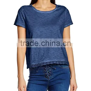 2016 Ladies Thin O-neck Blank t Shirt With Lace Hem thumbnail-6