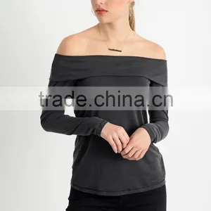 Custom Womens Off-shoulder Cotton Jersey T-Shirts,long Sleeve Black Plain Pure T-shirts for Women thumbnail-2