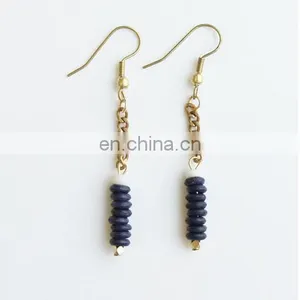 Vintage Curb Chain With Indigo Wood Flat Beads Fish Hook Closure Indigo Long Earring thumbnail-1