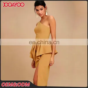 Fashion Tan One Shoulder Layered Ruffled Midi Dress Elegant Woman Dress thumbnail-4