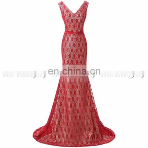 Real Pictures V Neck Lace-Up Sleeveless Mermaid Lace Evening Dresses SD344 thumbnail-1