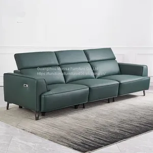 New Italian Style First Layer Cowhide Straight Row Functional Sofa Modern Minimalist Manual Headrest Metal High Leg Leather Sofa thumbnail-2