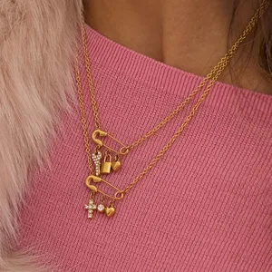 Gold Plated Safety Pin Pendant Necklace for Women Key Lock Cross Charm Necklace Stainless Steel Chain Jewelry Gift thumbnail-4