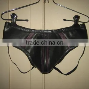 Black Leather Jock Strap With Purple Strips thumbnail-1