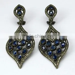 Bring The Heat !! Blue Sapphire & Diamond 925 Sterling Silver Earring, Dangler SIlver Earring, Indian Fashion Silver Jewelry thumbnail-2