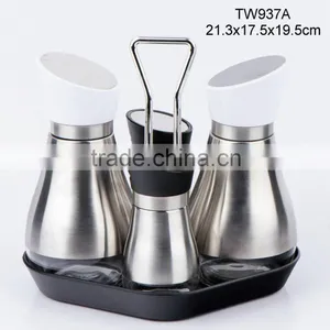 TW937A 4pcs Glass Oil Vinegar Salt Pepper Set With Metal Casing and Plastic Stand thumbnail-1