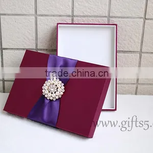 Custom Burgundy Wedding Invitation Boxes With Brooch in Handmade thumbnail-1