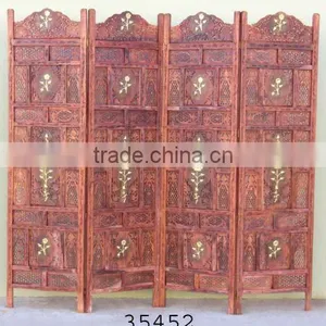 Wooden 4 Pannel Screen Partition / Room Divider Brass Flower Inlay thumbnail-1