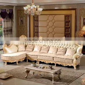 Luxury European Style Solid Wood Golden Carving Genuine Leather Back Matching Fabric Seat Living Room Corner Sofa Set thumbnail-2
