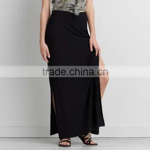 Latest Skirt Design Pictures Women Fashion Plain Dyed Cotton Solid Black Slit Maxi Skirts Women Long Maxi Skirts thumbnail-5