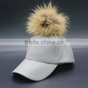 PU Leather Baseball Cap With Fake Foxfeather Pom Pom thumbnail-2