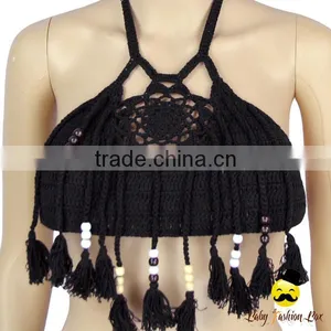 Bohemia Style Black Plain Knitting Halter Decorative Tassel Kids Holiday Swimwear Yong Girl Indian Remake Photo Bikini Bra thumbnail-1