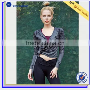 2016 Fashion Wholesale Gray Bandage Surplice Neck Chinlon Cropped Jacket for Womens thumbnail-2