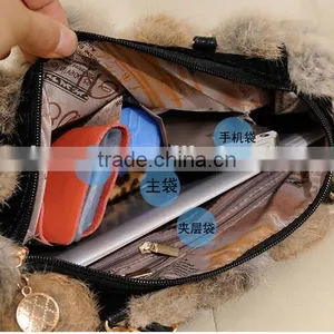100% Real Rabbit Woman Bucket Handbag Rabbit Fur Ball Ladies Shoulder Bag thumbnail-5