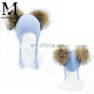 High Quality Fashionable Kids Beanie Hats With Two Fur Pom Poms Baby Fur Hat thumbnail-4