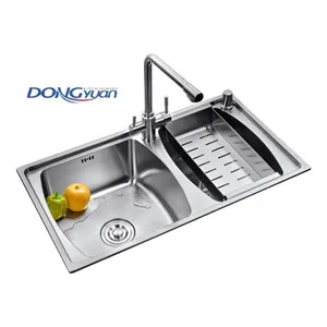 Guangdong Dongyuan Kitchenware 800×450×210mm POSCO SUS304 Stainless Steel Double Bowl Overmount Drawn Kitchen Sink With Taps and Colander (DY-541) thumbnail-1