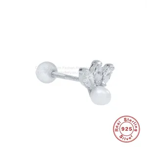 S925 Sterling Silver Triple CZ Marquise Pearl Earrings for Girls thumbnail-4