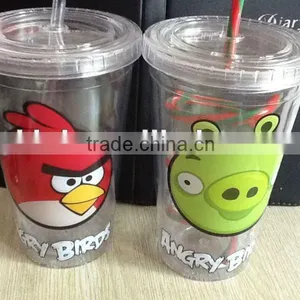 Double Wall Plastic Drinking Cup With Straw and Lid thumbnail-1