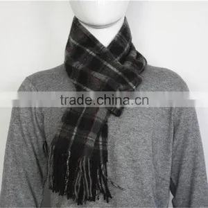 Gray Yarn Dyed Checked Pure Wool Scarf With Fringe thumbnail-1