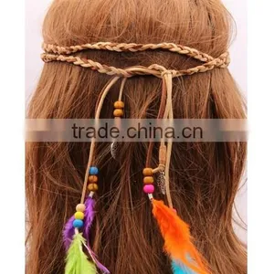 Women Girl Bohemian Boho Fashion Handmade Multicolor Feather and Gold Leaves Pendants Hairband thumbnail-5