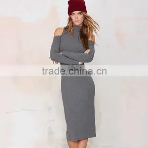 Plain Grey Slim Fit off Shoulder Long Sleeve Evening Dress thumbnail-3