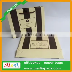 Beauty Salon White Kraft Paper Bag Day Spa Cream and Brown Stripe Bags thumbnail-1