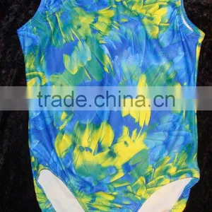 Clearance Gymnastics Leotards for Girls Blue and Green Feathers With Clear Holographic Dots Limited Sizes thumbnail-1