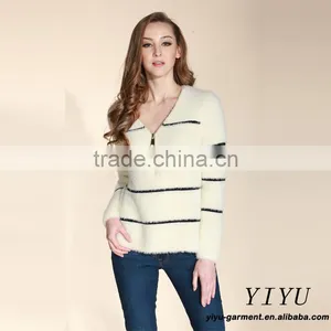 Latest Fashion Pullover Korean Design Stripe Fuzzy Warm Winter Sweater With Zipper thumbnail-2
