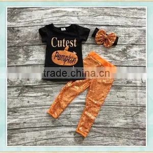 2017 Toddler Halloween Clothes Black T-shirt Golden Chaparajos Outfit With Headband thumbnail-1
