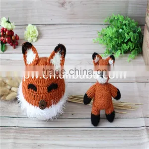 Handmade Fox Toy Set Crochet Newborn Doll and Bonnet Knitted Baby Boy Hat Photography Props thumbnail-1