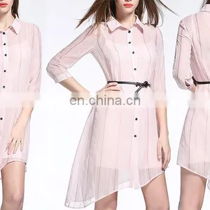 Elegant Women Long Sleeve Stripe Pattern Long Chiffon Loose Tops thumbnail-6
