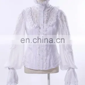 Gothic Ruffled Front High Neck Blouse With See-through Floral Lace Details and Wide Puffed Sleeves thumbnail-1