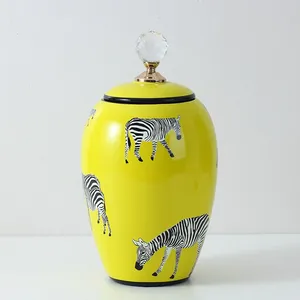 Nordic Style Modern Cylinder Tableware Yellow Zebra Painting Ceramic Flower Storage Vases With Round Crystal Lid For Dining Room thumbnail-2