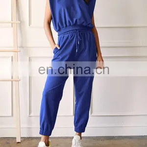 Fashion Cotton Sleeveless Crop Top Matching Jogger Pants Sportswear Yoga Set Loose Casual Gym Fitness Women Running Clothing thumbnail-3