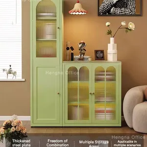 Sage Green Metal Sideboard With Ribbed Glass Doors, Metal Buffet Cabinet for Perth Furniture Retailers, Eco-friendly Powder Coating, Custom Colors thumbnail-2
