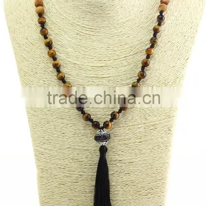 Unisex Women Wooden Beaded Necklace Gemstone Pendant Necklace With Tassel thumbnail-5