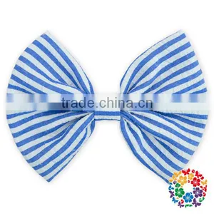 Fashion Hot Sale Blue White Stripe Seersucker Hair Bows 5" Boutique Hair Bows thumbnail-1