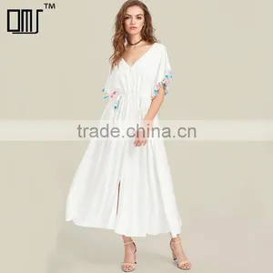 Designer Tassel Trim Boho Dress, Women White Deep V-neck Maxi Dress thumbnail-1