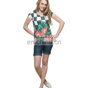 2015 Factory Direct Price Wholesale Ploycotton Chess Board With Retro Flower Print T-shirt thumbnail-3