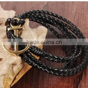 Multilayer Handmade Woven Leather Bracelet Stainless Steel Gold Boat Anchor Alloy Charms Man Anchor Bracelets thumbnail-5