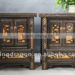 Chinese Antique Furniture Pine Wood Shanxi Two Door Black & Red Bedside Cabinet thumbnail-1