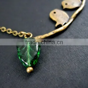 18inch 10x30mm Vintage Bird on Branch Czech Glass Green Leaf Beads Bronze Antique Chic Necklace 6350325 thumbnail-2