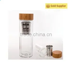 300ml Borosilicate Tea Infuser Water Bottle, Double Wall Glass Bottle With Bamboo Lid thumbnail-1