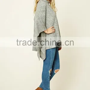 High Quality Custom Comfortable Girls Women Soft Knit Mock High Neck Poncho Pullover Draped Cape Flare Sleeves Blouses Tops thumbnail-3