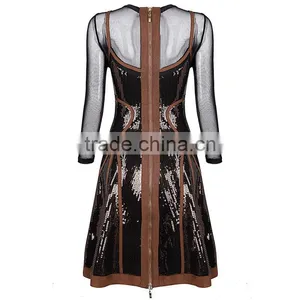 2015 High Quality Round Neck Long Sleeve Knee Length Celebrated Dress With Mesh thumbnail-2