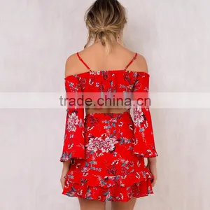 Front Tie Girls 2 Piece Crop Set Long Sleeve Floral Tops and Mini Skirts thumbnail-5